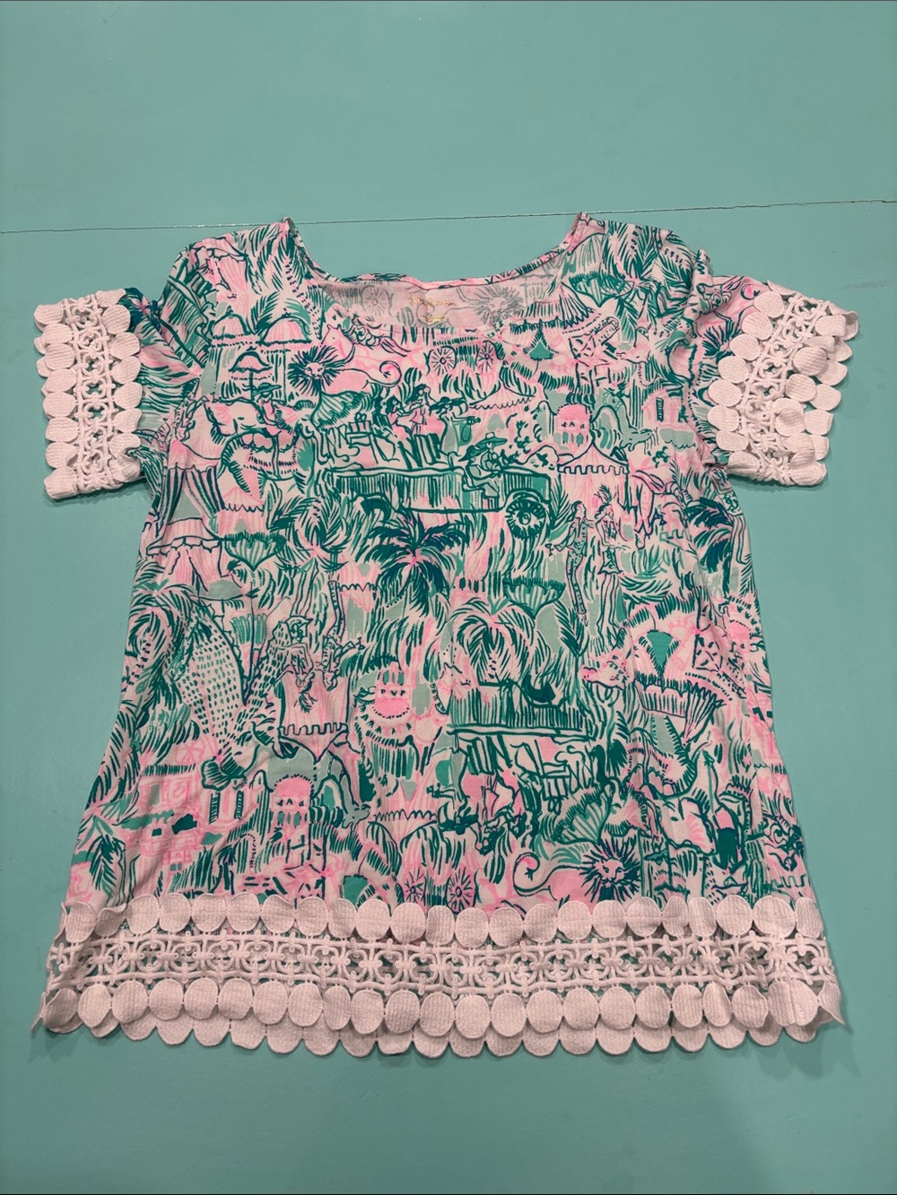 Lilly Pulitzer Pink & Teal Tropical Crochet Trim Tee